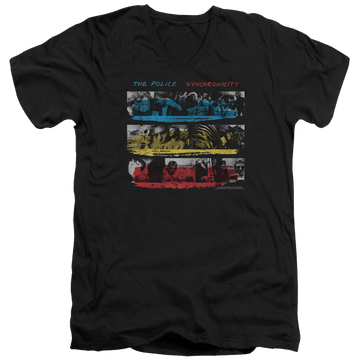 Black men's v-neck t-shirt with The Police Synchronicity graphic
