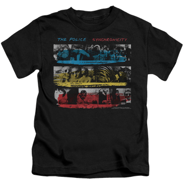 Black kid's t-shirt for ages 4 to 7 with The Police Synchronicity graphic