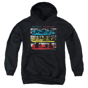 Black youth hoodie for ages 8 to 12 with The Police Synchronicity graphic