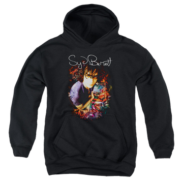 Black youth hoodie for ages 8 to 12 with Syd Barrett Madcap Syd graphic