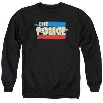 Black men's crewneck sweatshirt with The Police Three Stripes Logo graphic