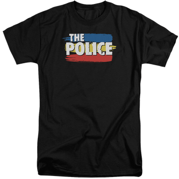 Black men's tall fit t-shirt with The Police Three Stripes Logo graphic