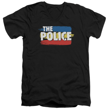 Black men's v-neck t-shirt with The Police Three Stripes Logo graphic
