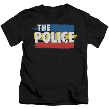 Black kid's t-shirt for ages 4 to 7 with The Police Three Stripes Logo graphic