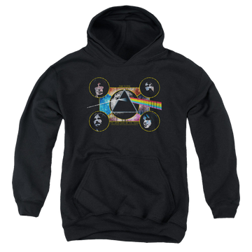 Black youth hoodie for ages 8 to 12 with Pink Floyd Dark Side Heads graphic