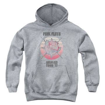 Athletic heather youth hoodie for ages 8 to 12 with Pink Floyd Animals Tour 77 graphic