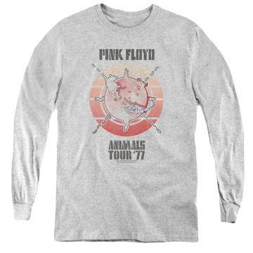 Athletic heather youth long sleeve t-shirt with Pink Floyd Animals Tour 77 graphic