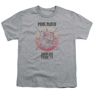 Athletic heather youth t-shirt for ages 8 to 12 with Pink Floyd Animals Tour 77 graphic