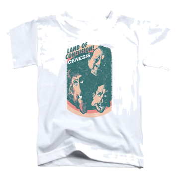 White kid's t-shirt for ages 4 to 7 with Genesis Land Of Confusion graphic
