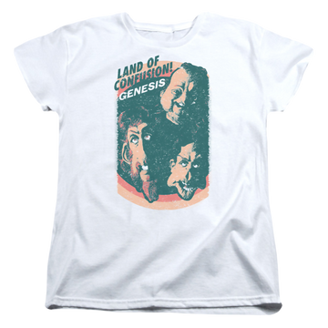 White women's t-shirt with Genesis Land Of Confusion graphic