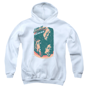 White youth hoodie for ages 8 to 12 with Genesis Land Of Confusion graphic