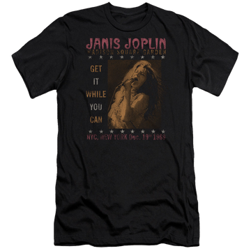 Black men's premium slim fit t-shirt with Janis Joplin One Night Only graphic