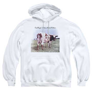 White pullover hoodie with Pink Floyd Atom Heart Mother graphic
