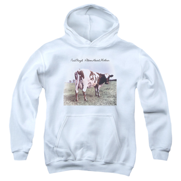 White youth hoodie for ages 8 to 12 with Pink Floyd Atom Heart Mother graphic
