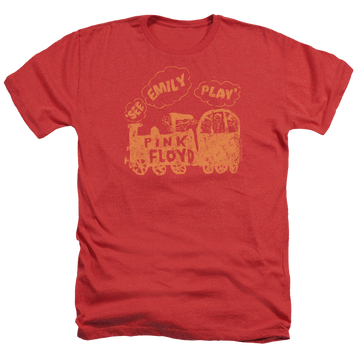 Red men's heather t-shirt with Pink Floyd See Emily Play graphic