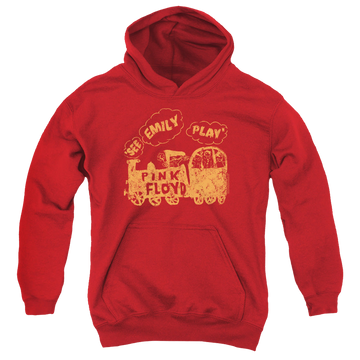 Red youth hoodie for ages 8 to 12 with Pink Floyd See Emily Play graphic