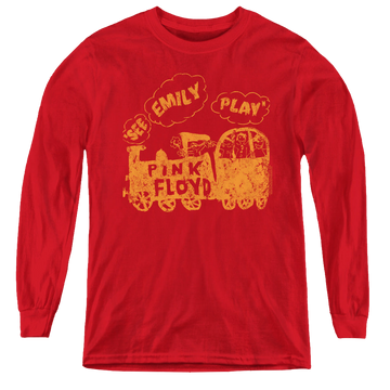 Red youth long sleeve t-shirt with Pink Floyd See Emily Play graphic