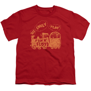Red youth t-shirt for ages 8 to 12 with Pink Floyd See Emily Play graphic