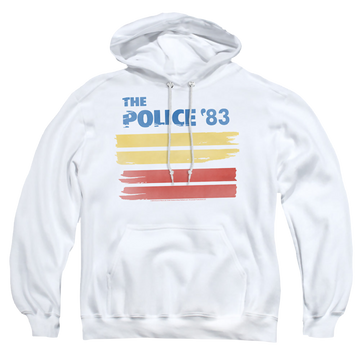 White pullover hoodie with The Police 83 graphic