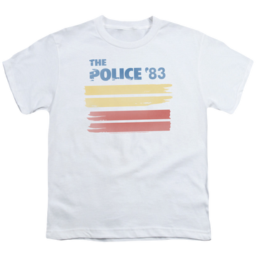 White youth t-shirt for ages 8 to 12 with The Police 83 graphic