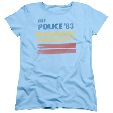 Light blue women's t-shirt with The Police 83 graphic