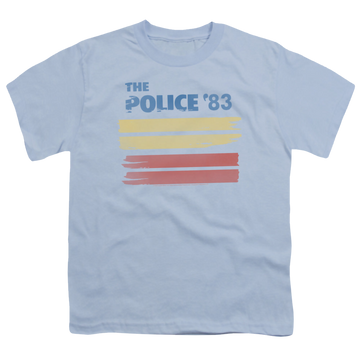 Light blue youth t-shirt for ages 8 to 12 with The Police 83 graphic