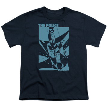 Navy youth t-shirt for ages 8 to 12 with The Police Message In A Bottle graphic