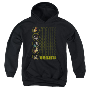 Black youth hoodie for ages 8 to 12 with Genesis The Carpet Crawlers graphic