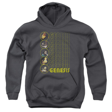 Charcoal youth hoodie for ages 8 to 12 with Genesis The Carpet Crawlers graphic