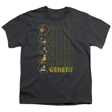 Charcoal youth t-shirt for ages 8 to 12 with Genesis The Carpet Crawlers graphic