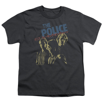 Charcoal youth t-shirt for ages 8 to 12 with The Police Japanese Poster graphic