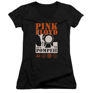 Black juniors v-neck t-shirt with Pink Floyd Pompeii graphic