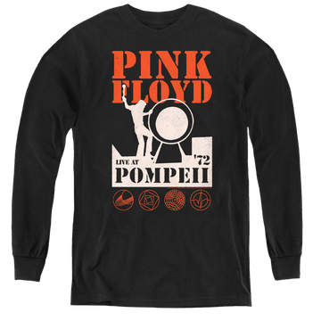 Black youth long sleeve t-shirt with Pink Floyd Pompeii graphic
