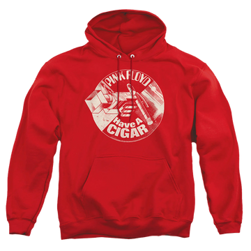 Red pullover hoodie with Pink Floyd Just A Cigar graphic