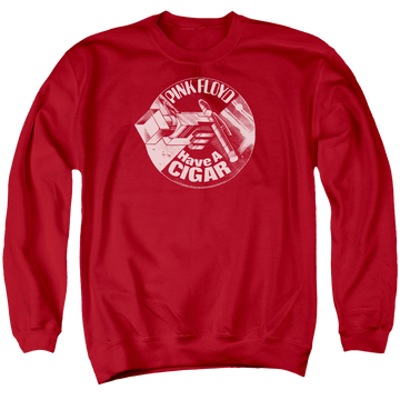 Red men's crewneck sweatshirt with Pink Floyd Just A Cigar graphic