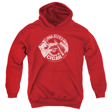 Red youth hoodie for ages 8 to 12 with Pink Floyd Just A Cigar graphic