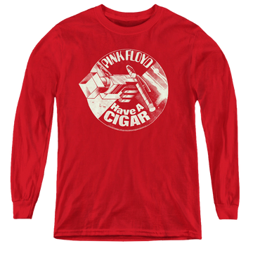 Red youth long sleeve t-shirt with Pink Floyd Just A Cigar graphic