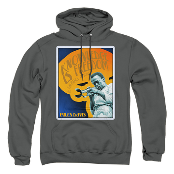 Charcoal pullover hoodie with Miles Davis Knowledge And Ignorance graphic