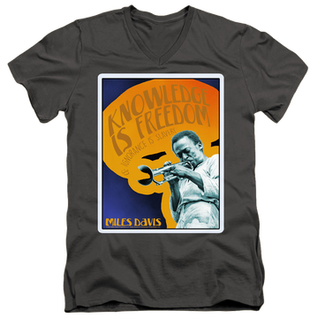 Charcoal men's v-neck t-shirt with Miles Davis Knowledge And Ignorance graphic