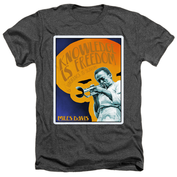 Charcoal men's heather t-shirt with Miles Davis Knowledge And Ignorance graphic