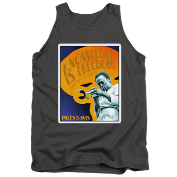 Charcoal men's tank with Miles Davis Knowledge And Ignorance graphic