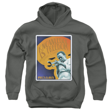 Charcoal youth hoodie for ages 8 to 12 with Miles Davis Knowledge And Ignorance graphic
