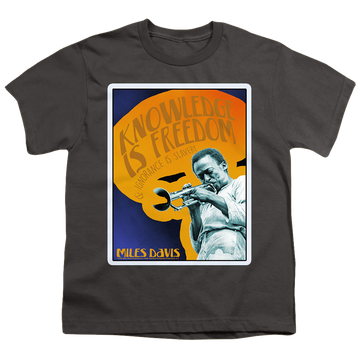 Charcoal youth t-shirt for ages 8 to 12 with Miles Davis Knowledge And Ignorance graphic