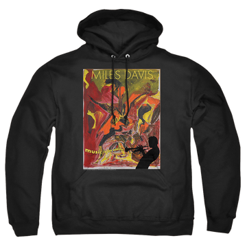 Black pullover hoodie with Miles Davis Music Is An Addiction graphic