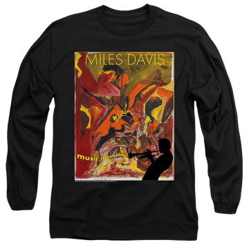 Black men's long sleeve t-shirt with Miles Davis Music Is An Addiction graphic