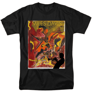 Black men's regular fit t-shirt with Miles Davis Music Is An Addiction graphic
