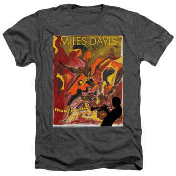 Charcoal men's heather t-shirt with Miles Davis Music Is An Addiction graphic