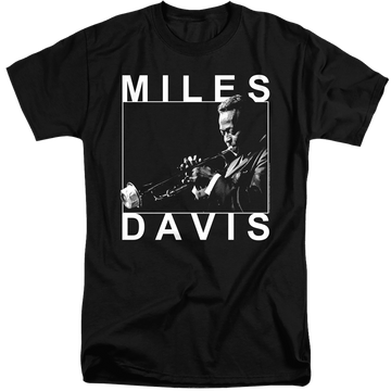 Black men's tall fit t-shirt with Miles Davis Monochrome graphic