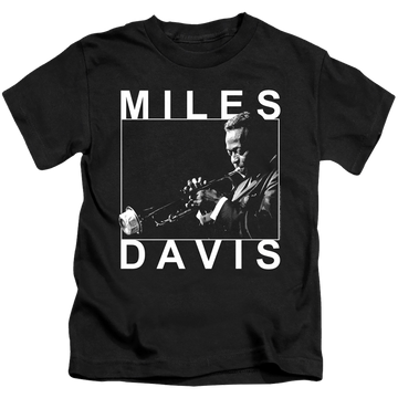 Black kid's t-shirt for ages 4 to 7 with Miles Davis Monochrome graphic