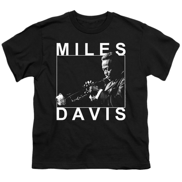 Black youth t-shirt for ages 8 to 12 with Miles Davis Monochrome graphic
